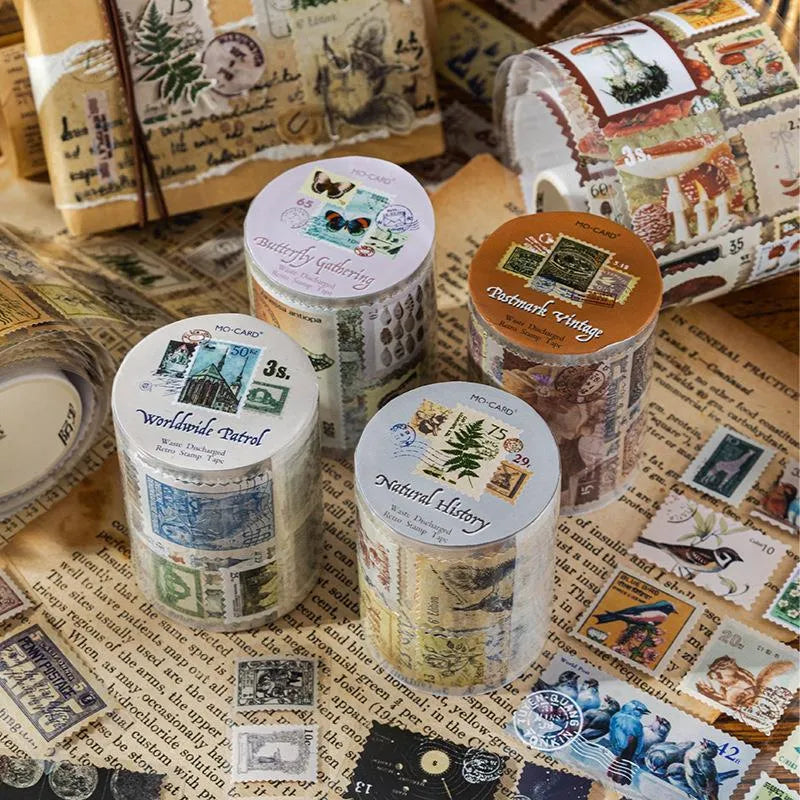 Roll of 55mm wide, 2m long coated paper stamp sticker tape in a retro pattern for journal decoration.