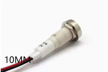 10mm stainless steel edge plastic indicator light with wire and flat metal end in multiple colours.