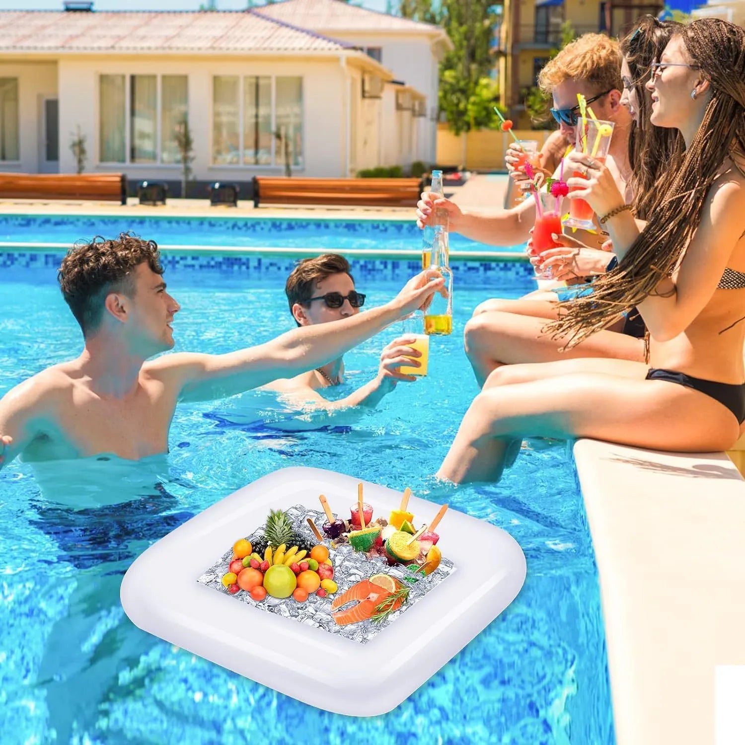 Inflatable PVC ice bar for parties shown with cup holder and beer stein bucket accessories.