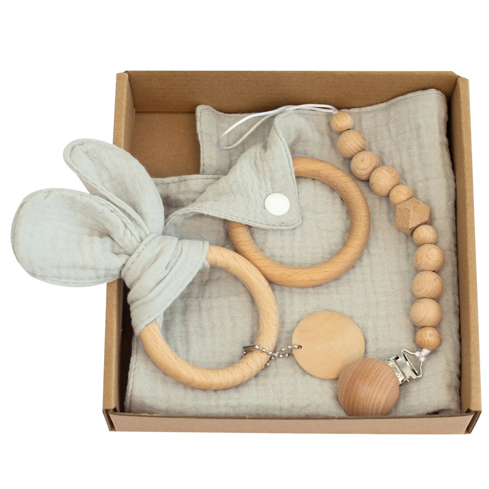 Baby teething gift set with wooden toys and large bamboo-cotton gauze blanket in assorted colours