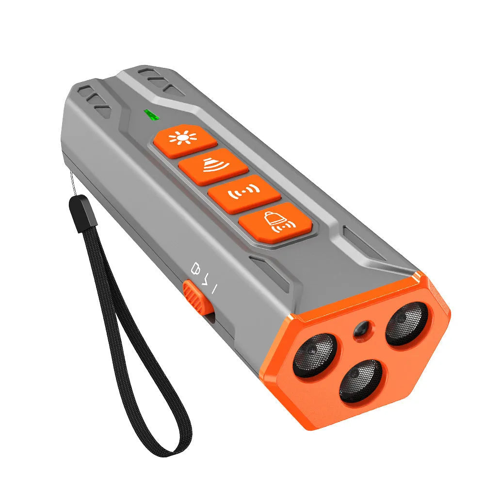 Three head ultrasonic dog trainer in grey and orange colour on a white background.