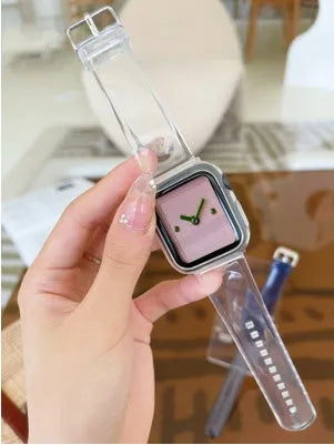 Brown transparent Apple Watch compatible replacement strap and case for Series 1-7 models