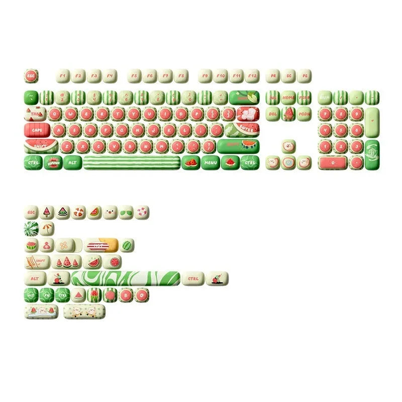 Watermelon-themed mechanical keyboard key cap set with blue accent keys and sublimation printing