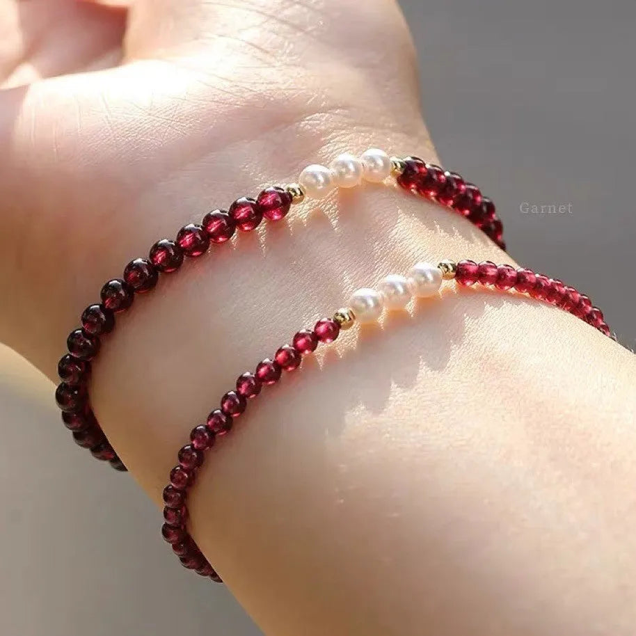 Women's crystal bracelet with Chinese garnet beads and artificial pearls on wrist