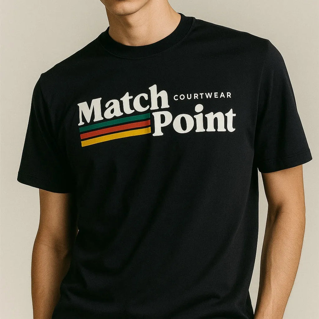 Black men's T-shirt with a 3D digital printed text pattern, short sleeves, and a round neck.