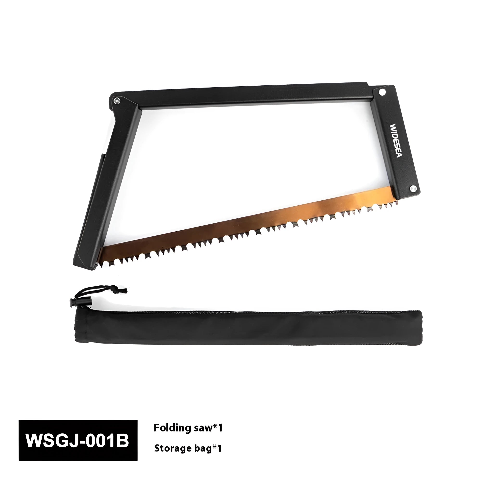 Black outdoor foldable survival saw with aluminium handle shown in open and closed positions.
