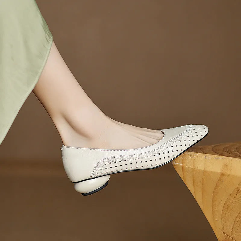 Women's shallow mouth hollow-out round toe mid heel sandals in sheepskin with beef tendon sole