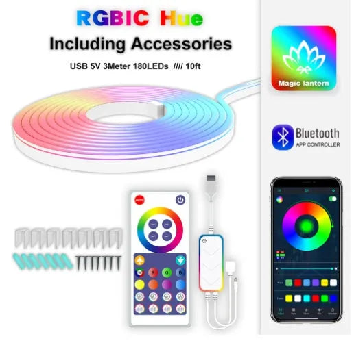 3 metre long flexible RGB LED neon light strip with remote control on a white background.
