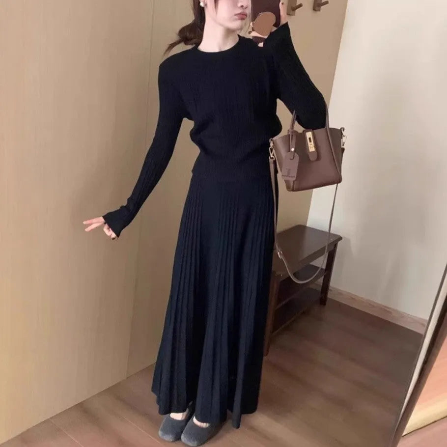 Women's dark grey knitted dress suit set with 3D pattern, ethnic stitching, sweater and skirt