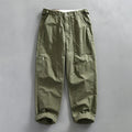 Men's straight leg cotton work trousers in apricot, army green and brown colours