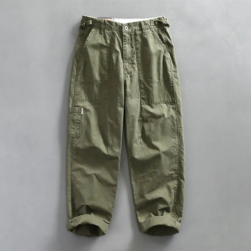 Men's straight leg cotton work trousers in apricot, army green and brown colours