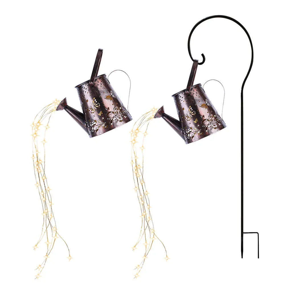 Solar-powered iron garden lantern with butterfly pattern and warm white LED light.