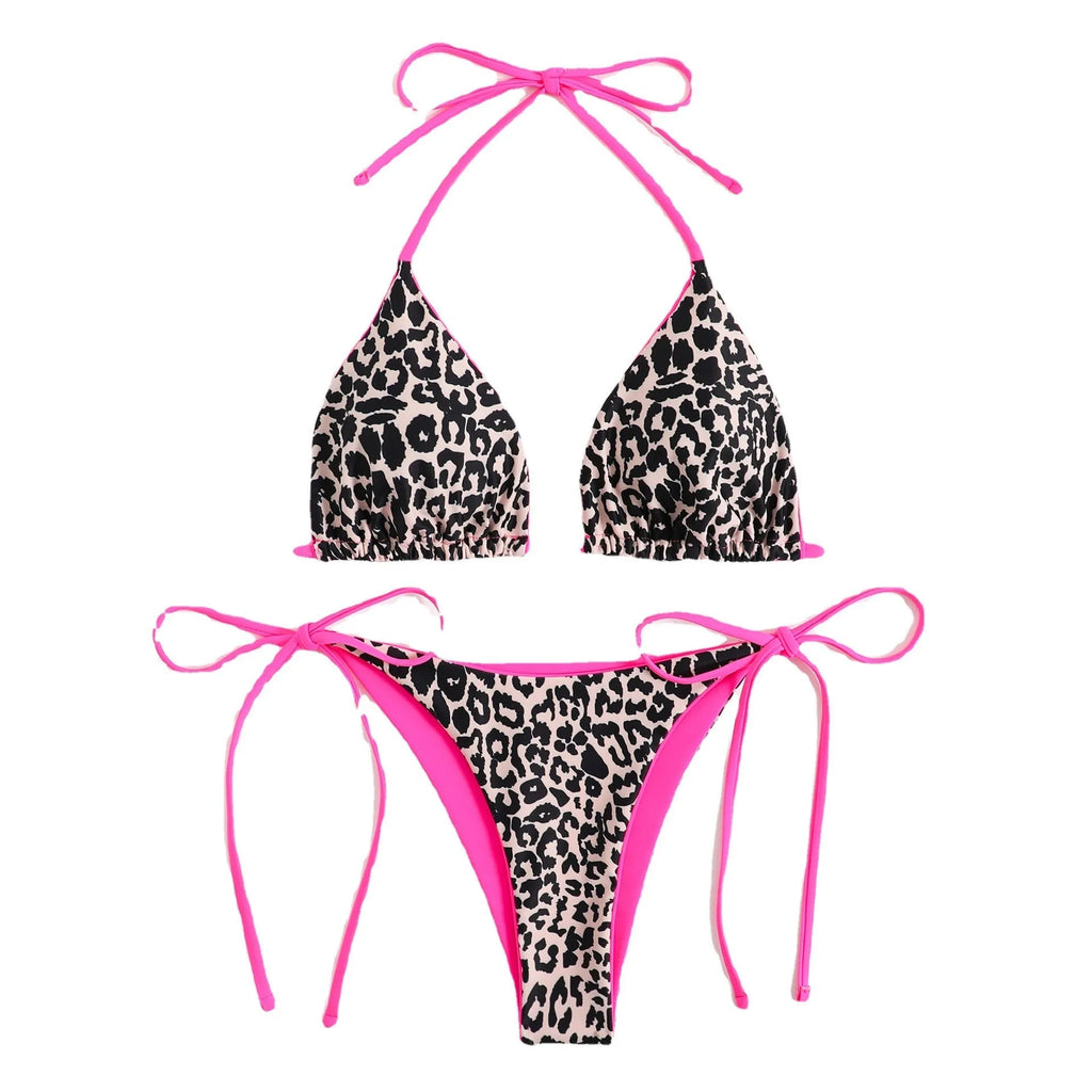 Women's lace-up triangle bikini set with halter neck top and split bottom in polyester fabric