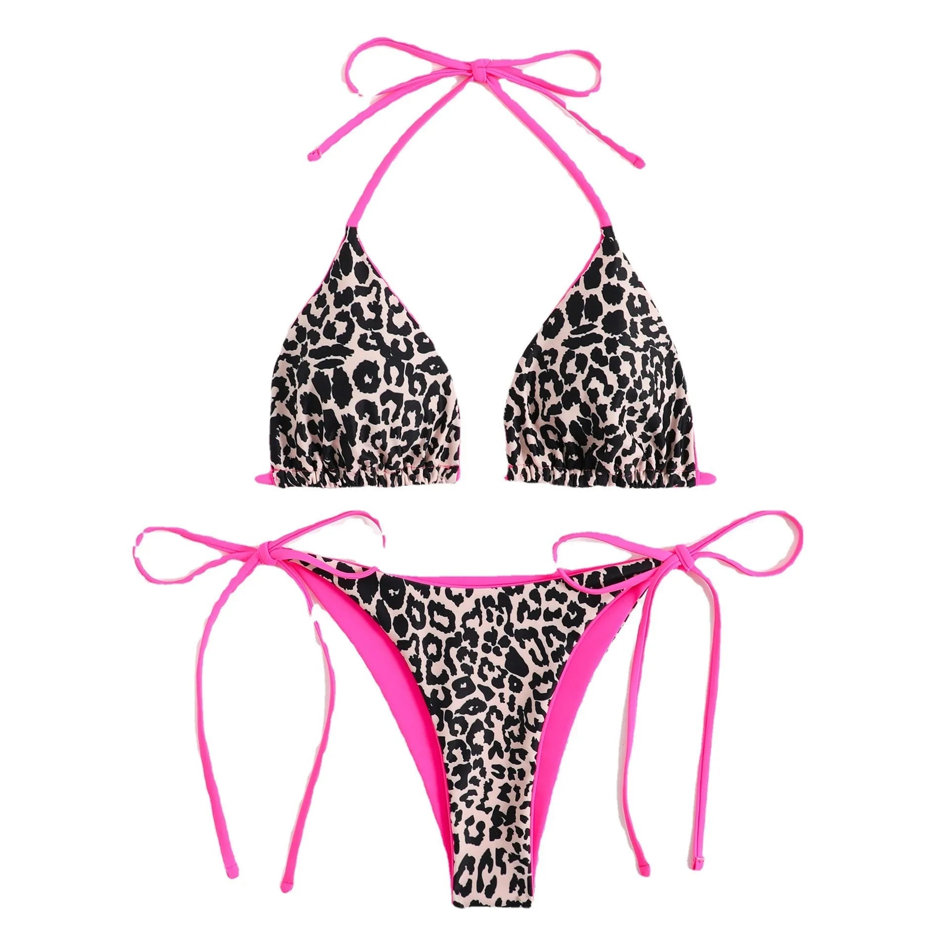 Women's lace-up triangle bikini set with halter neck top and split bottom in polyester fabric
