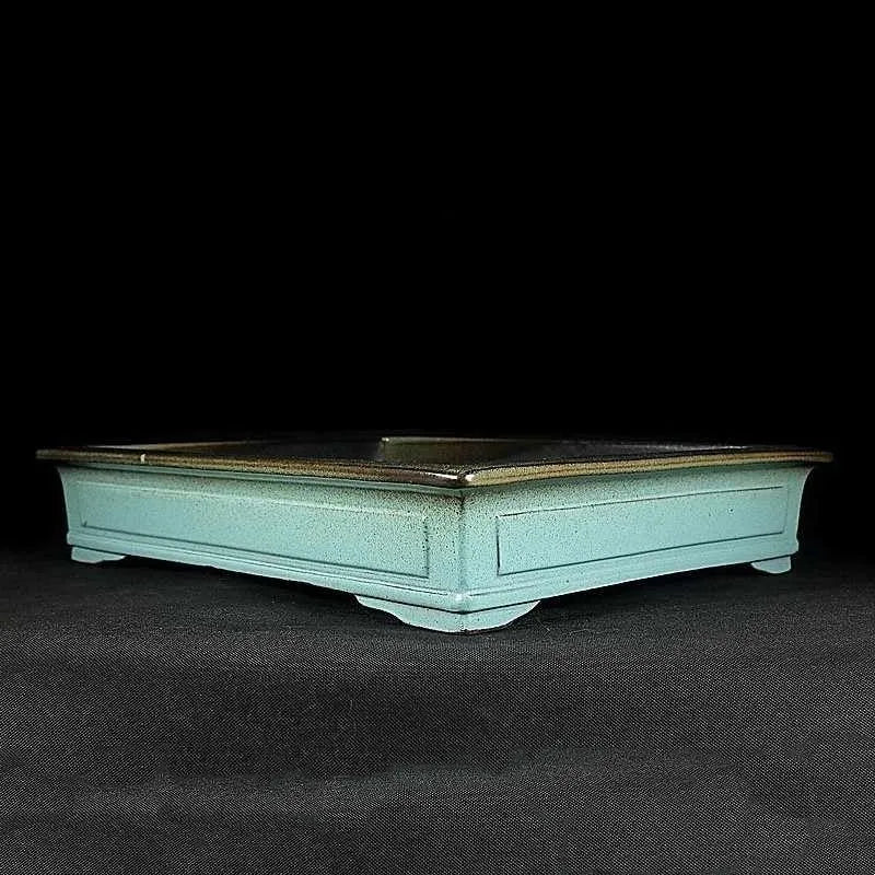 Green handmade ceramic bonsai flower pot with purple sand crackled glaze retro finish