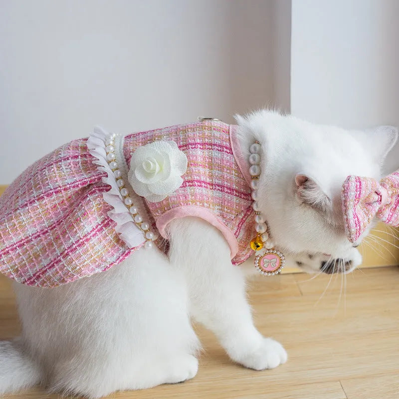 Blue pet skirt with matching headdress and necklace set on a cat, polyester fabric, classic style