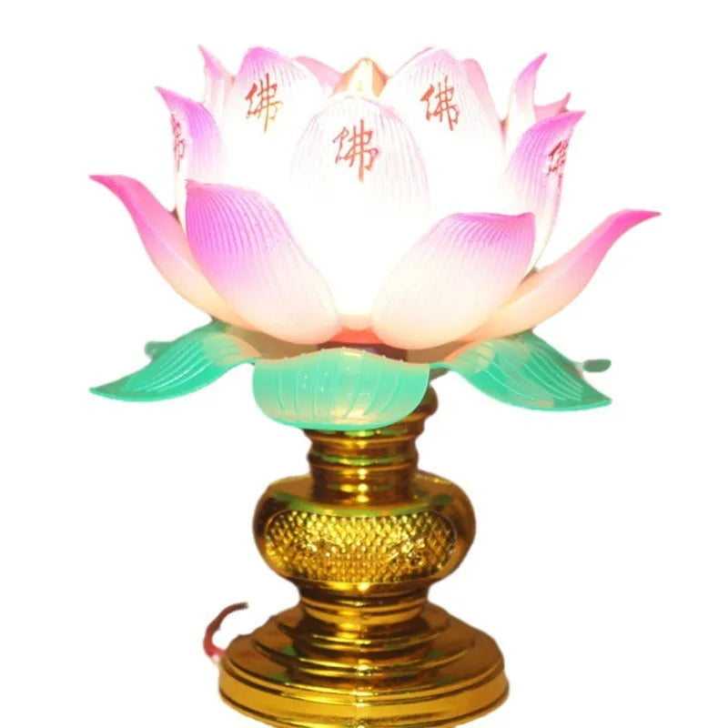Plug-in Buddha worship lamp with colourful LED lotus flower design on a home altar.