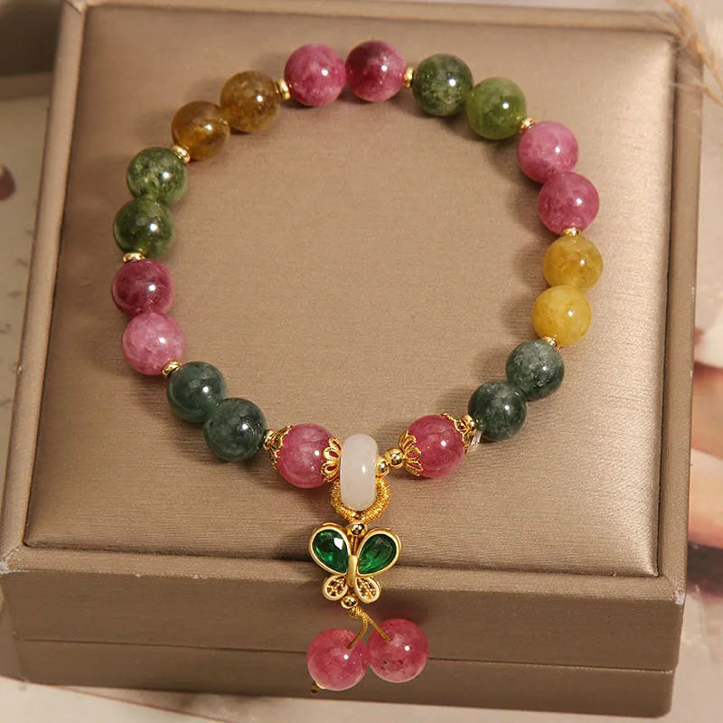 Colourful tourmaline butterfly pendant bracelet with alloy setting and rhinestone accents