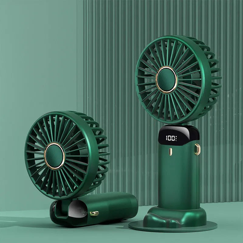 Foldable USB rechargeable portable fan showing handheld, desktop and neck-worn configurations with LED battery display