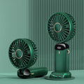 Foldable USB rechargeable portable fan showing handheld, desktop and neck-worn configurations with LED battery display