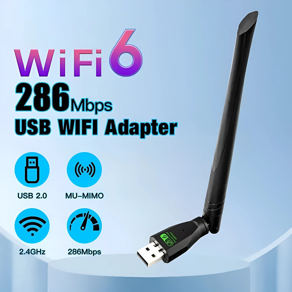 Black WiFi6 wireless network card with USB connector for driver-free computer connectivity