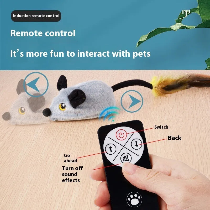 Interactive plush mouse cat toy with remote control on grey carpet