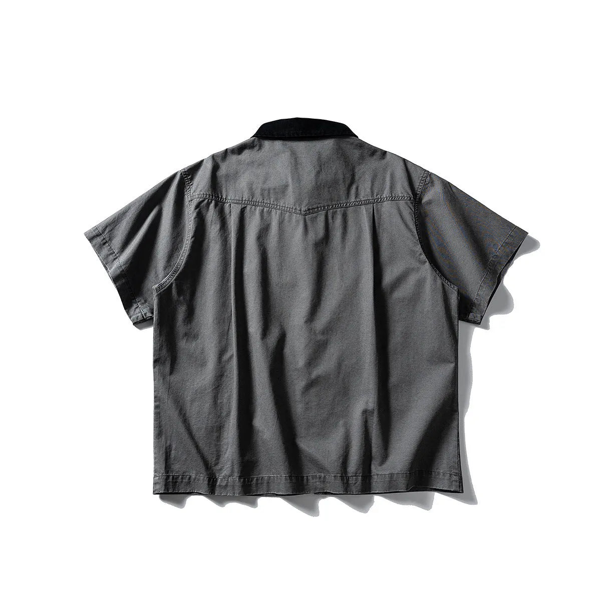 Short-sleeve cotton shirt overalls in a loose cardigan style, shown in khaki and grey colours.