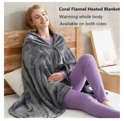 Dark grey USB heated coral fleece blanket with control button, shown folded.