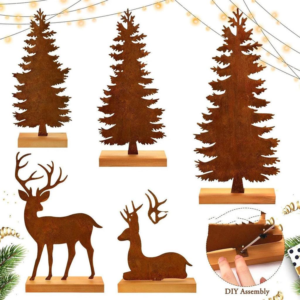 Three rustic iron metal Christmas tree decorations with elk silhouettes and weathered finish