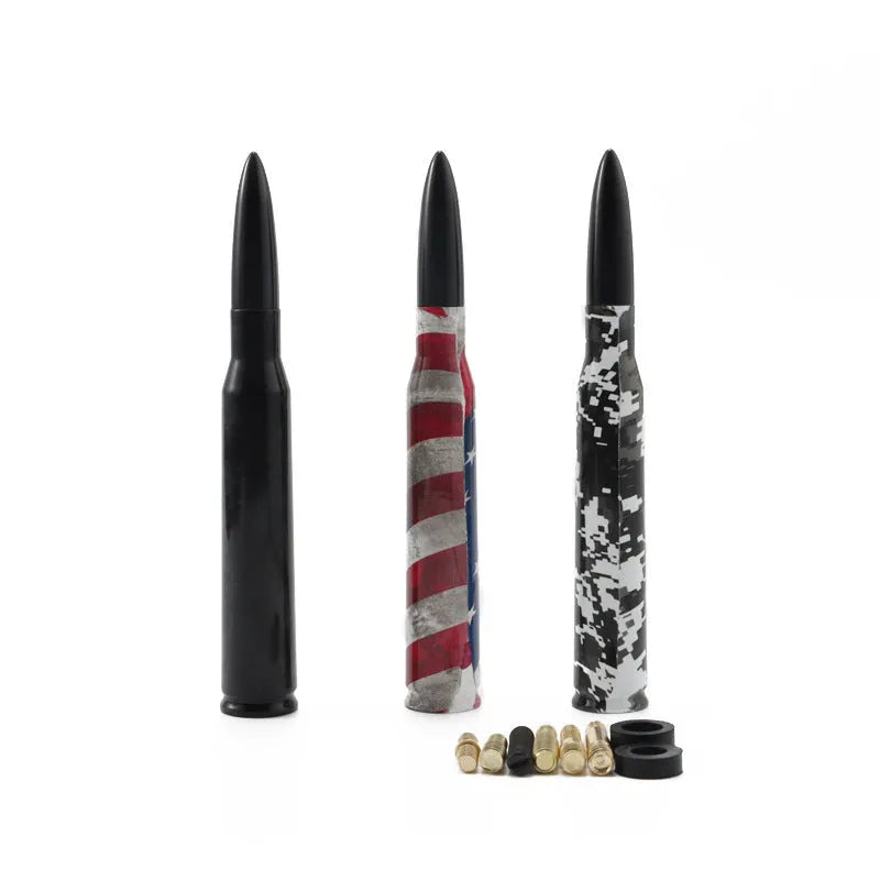 Bullet-style car antenna in black, camouflage green, and American flag designs, length 14cm.
