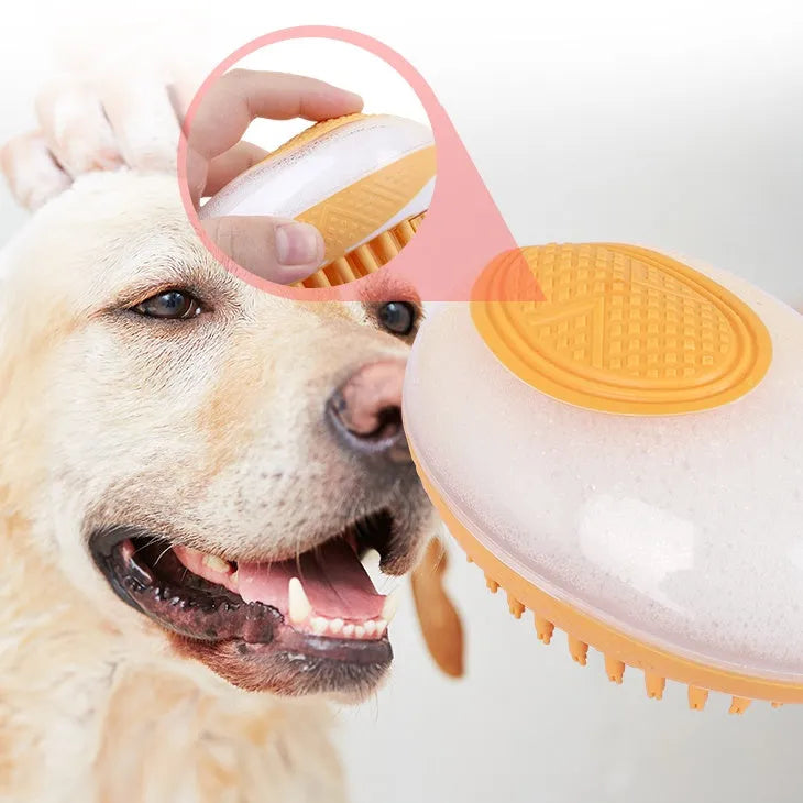 2-in-1 pet bath brush with soft silicone bristles, shampoo reservoir, and non-slip grip in pink