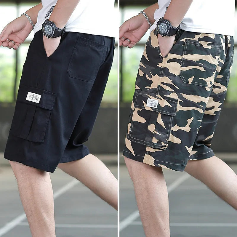 Men's loose Korean-style trousers in black, khaki, army green, and camouflage colours.