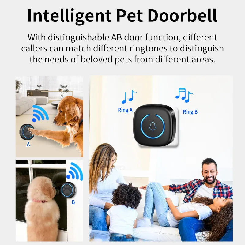 Wireless waterproof touch doorbell for pet dog training in black and white.