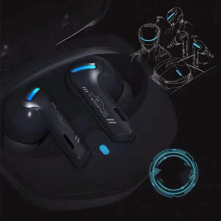 Grey QCY G1 wireless Bluetooth gaming earbuds with charging case and three sizes of silicone ear tips.