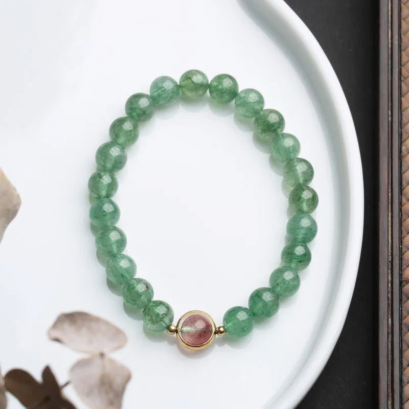 Green strawberry quartz bracelet with hand-woven 7.5mm beads and Chinese auspicious patterns