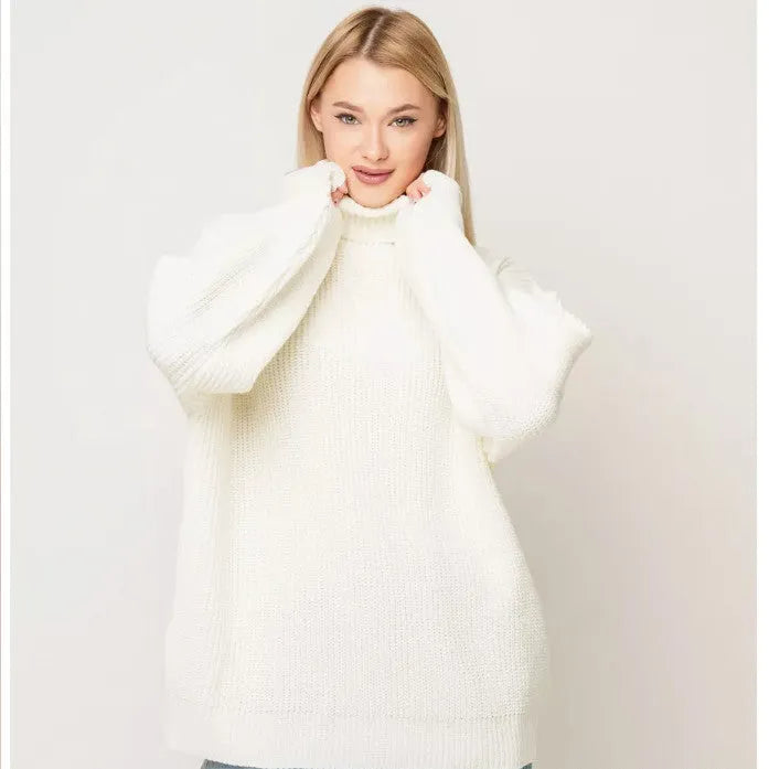 Women's solid colour high neck pullover sweater in imitation cashmere fabric.