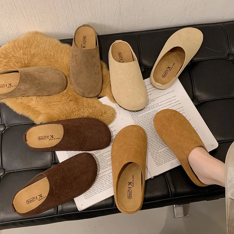 Korean style ugly soft flat outdoor slip-on boken slippers in apricot colour with square toe and PU sole.