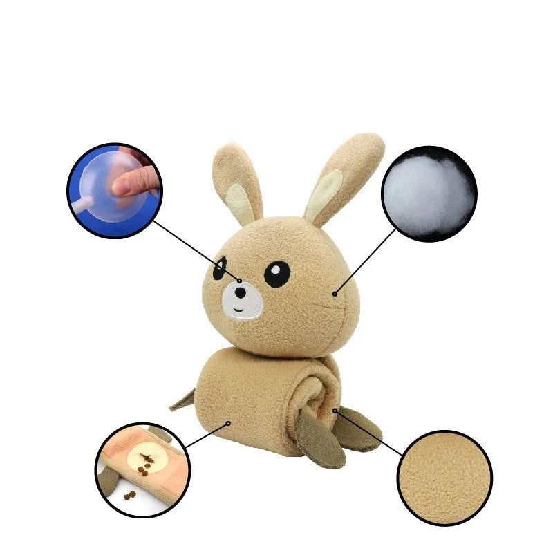 Fleece rabbit plush dog toy with food compartments and sound-making function