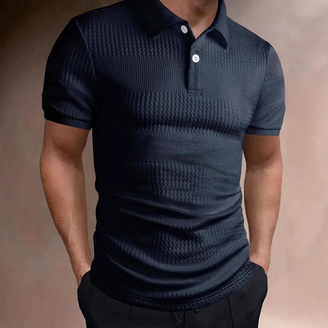 Striped men's polo shirt in loose fit design with short sleeves, shown in multiple colour options