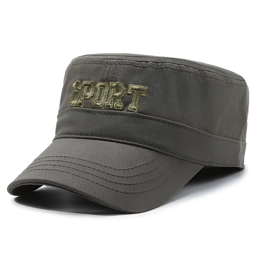 Cotton peaked cap in army green with adjustable strap and English letter detailing.