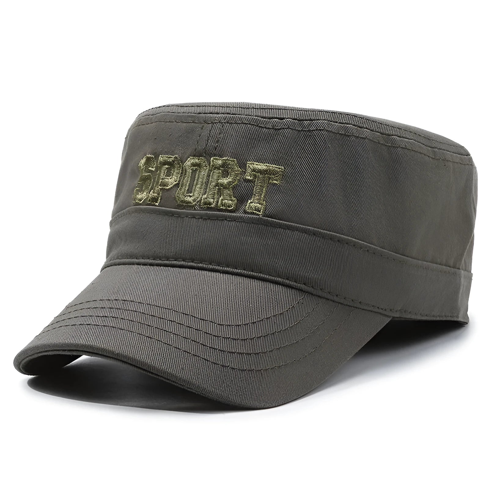 Cotton peaked cap in army green with adjustable strap and English letter detailing.