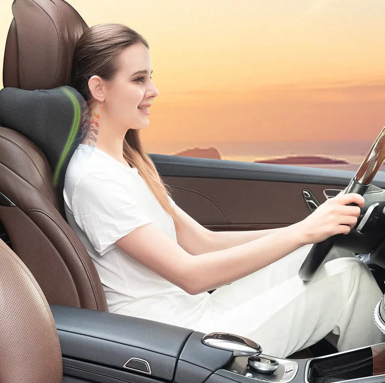 Memory foam car neck pillow in dark grey colour showing U-shaped design for automotive headrest support
