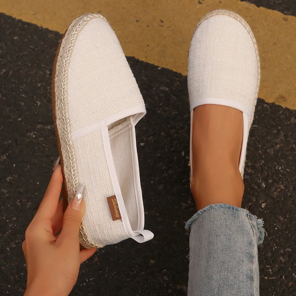 Canvas fisherman shoes with rope soles in black, white and milky white colours with flat heel round toe design