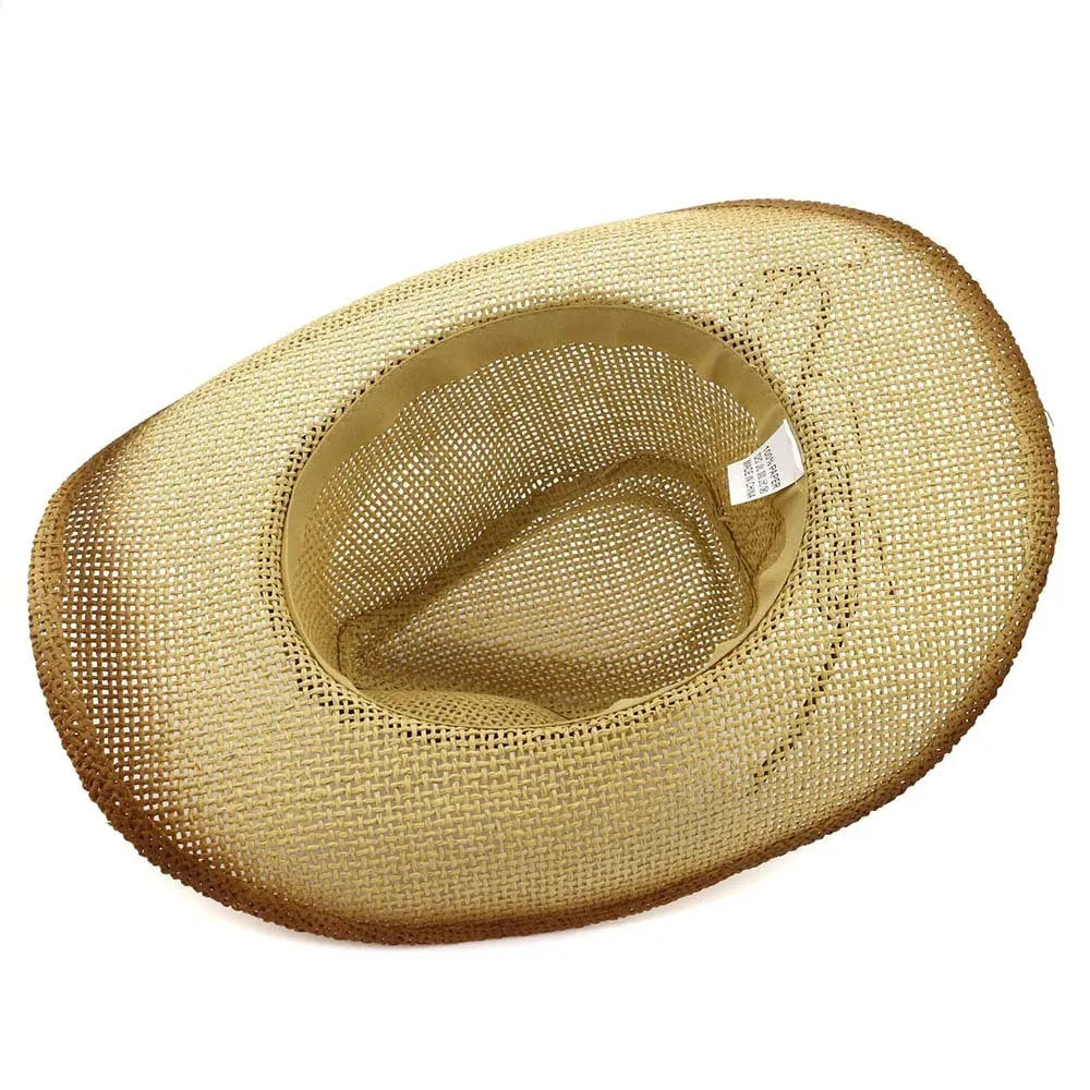Korean style paper straw cowboy beach hat with Western spray paint design in beige colour