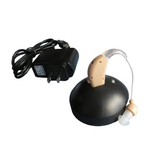 Rechargeable behind the ear hearing aid amplifier with Mini ear receiver and wireless charging case.