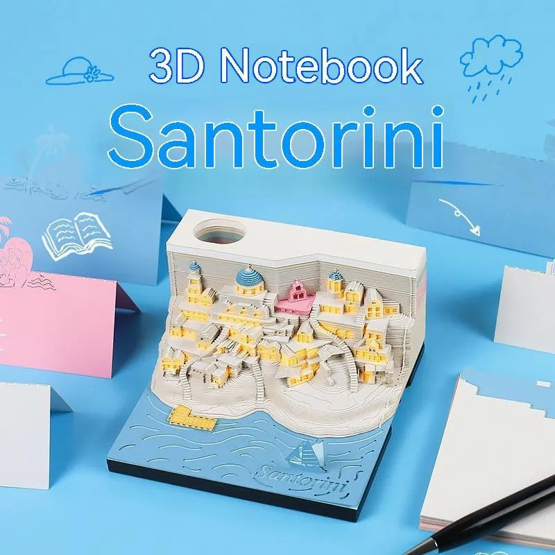 Santorini beach three-dimensional paper carving notepad and building model measuring 9x9x5 cm