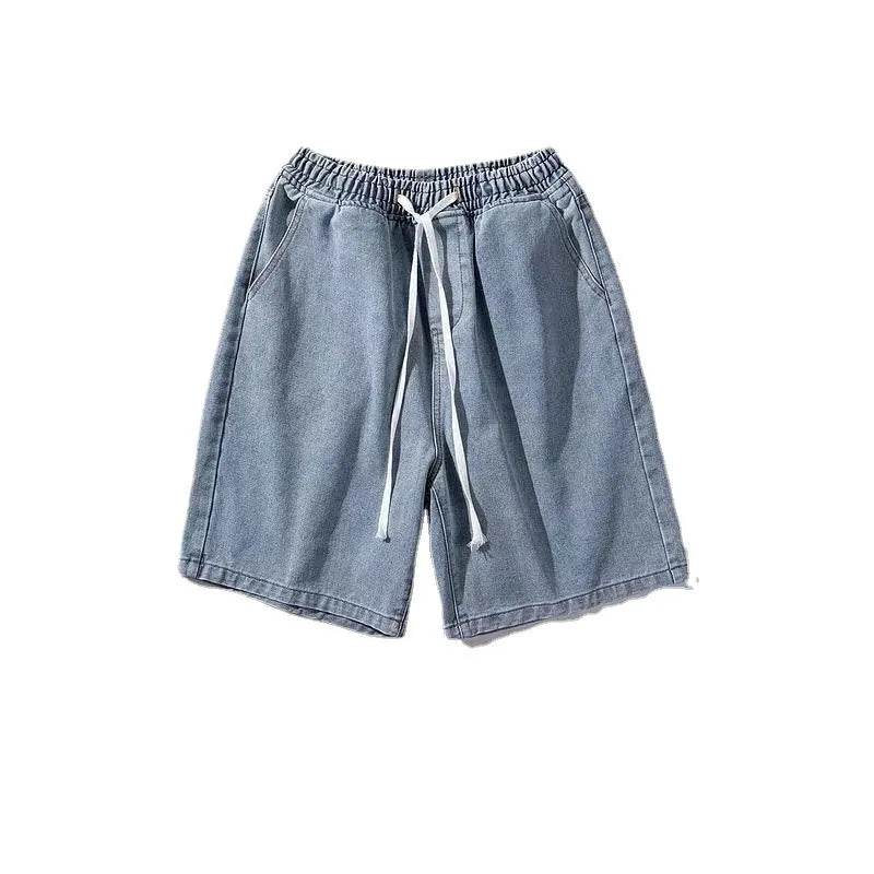Men's loose straight casual cotton denim shorts in dark blue, front view