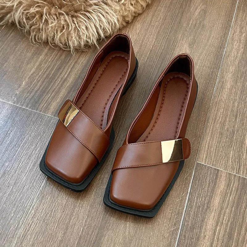 Women's artificial leather flat-heeled shoes with square toe and metal buckle in beige, black, and brown colours