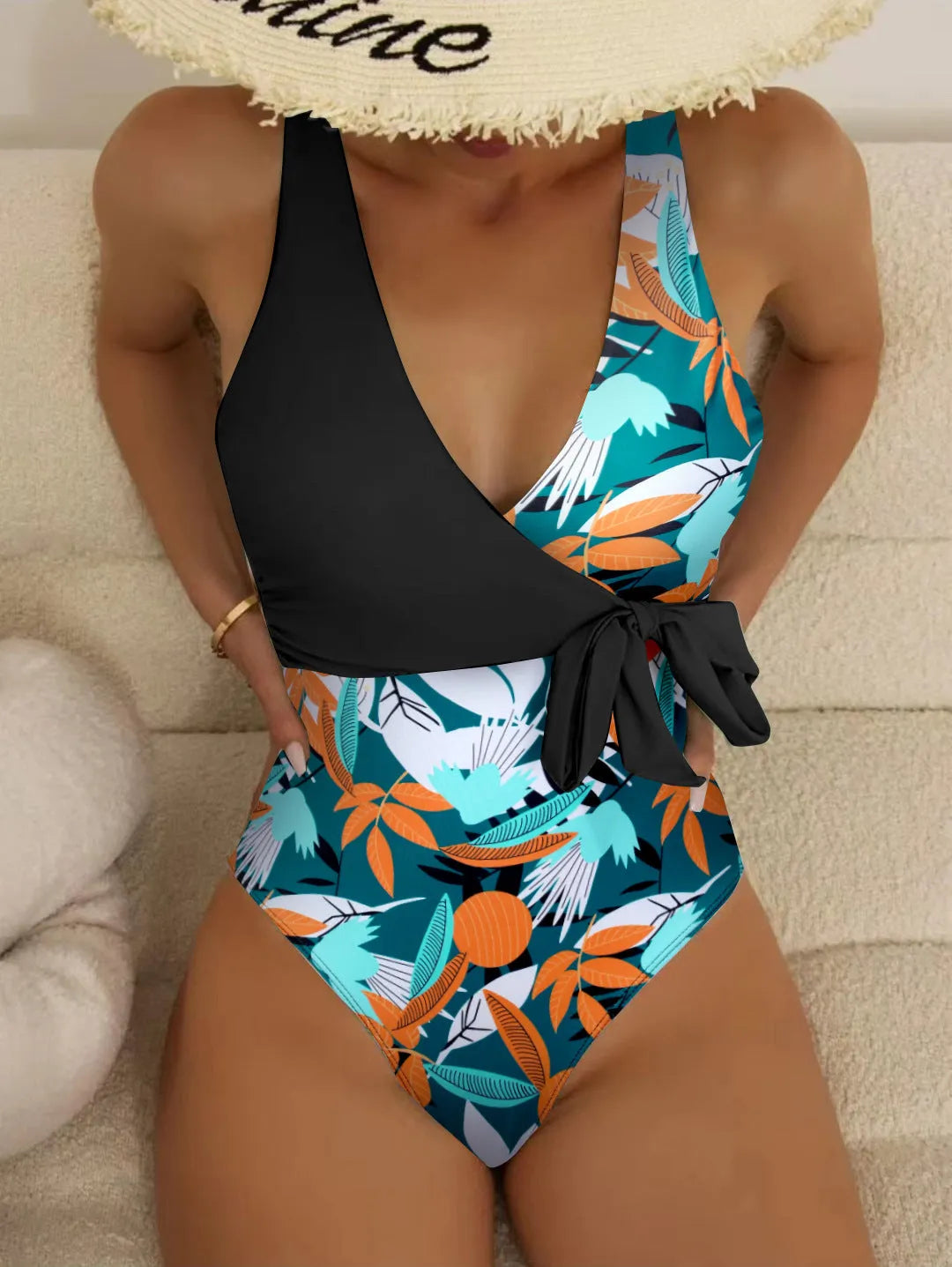 Women's high-waist one-piece bikini swimsuit in printed polyester fabric