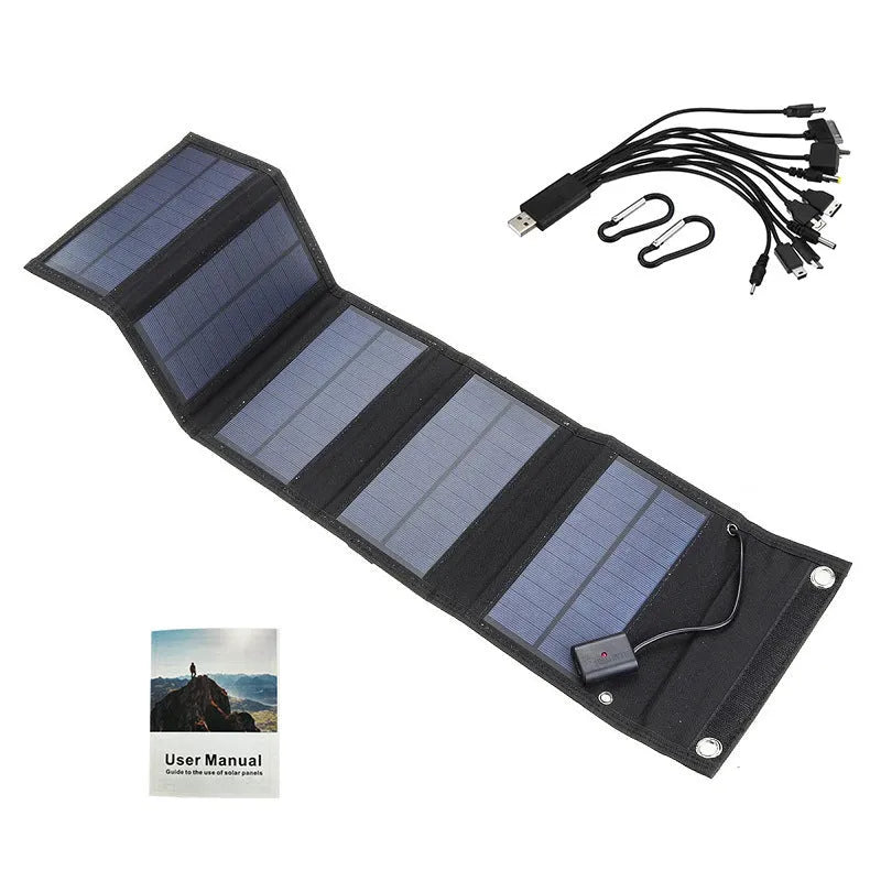 Portable solar folding bag charger with USB output for camping trips, dimensions 185x120 mm